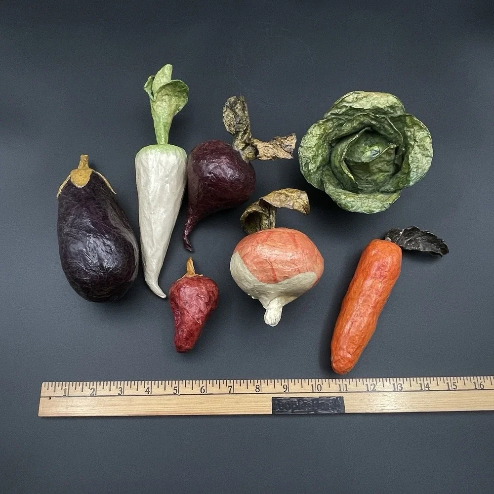 Vintage Paper Mache Vegetable Lot 7 Pc Eggplant Carrot Daikon Beet Cabbage Onion